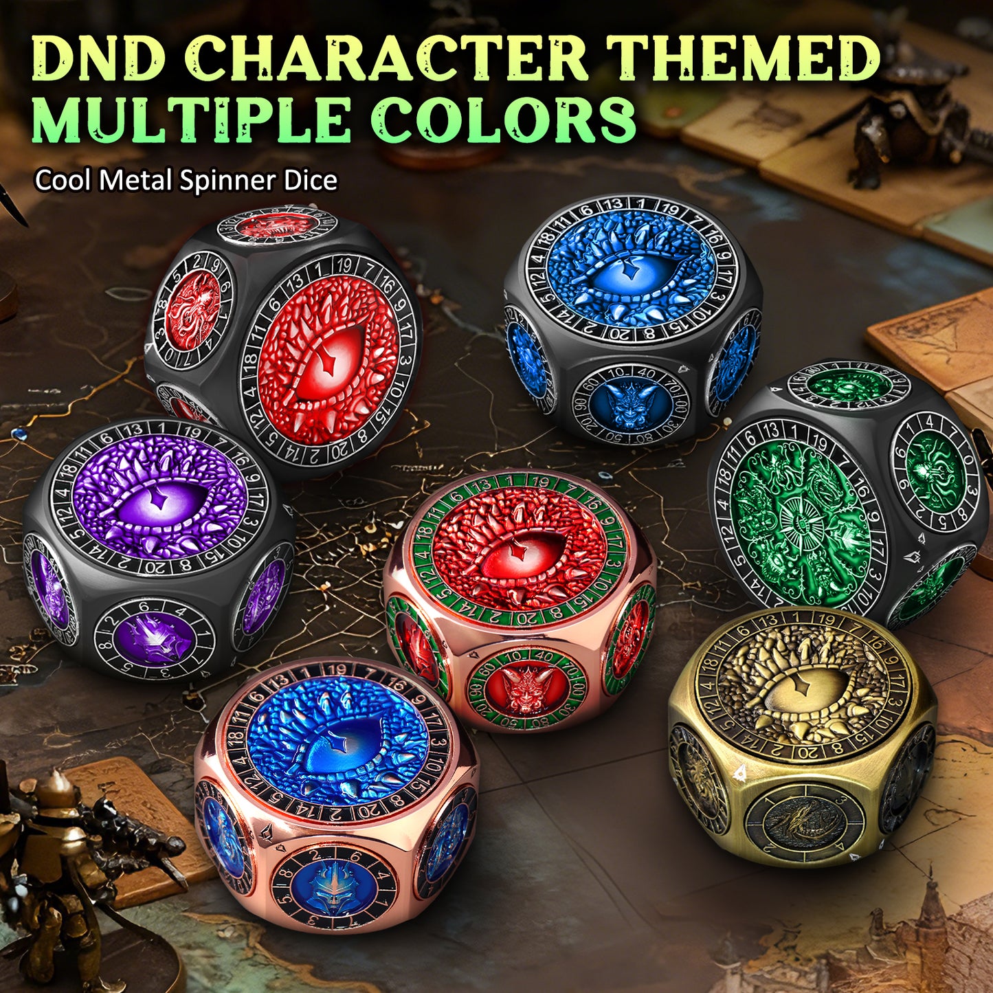 DND Metal Spinner Dice with 3D Monster Engravings & Smooth Spinning(Black Dice- Green)