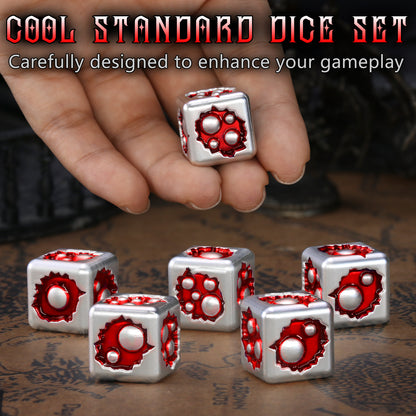 Metal D6 Dice, 6 Sided Dice Set of 6,DND Metal Dice Set for D and D Gifts-White Red