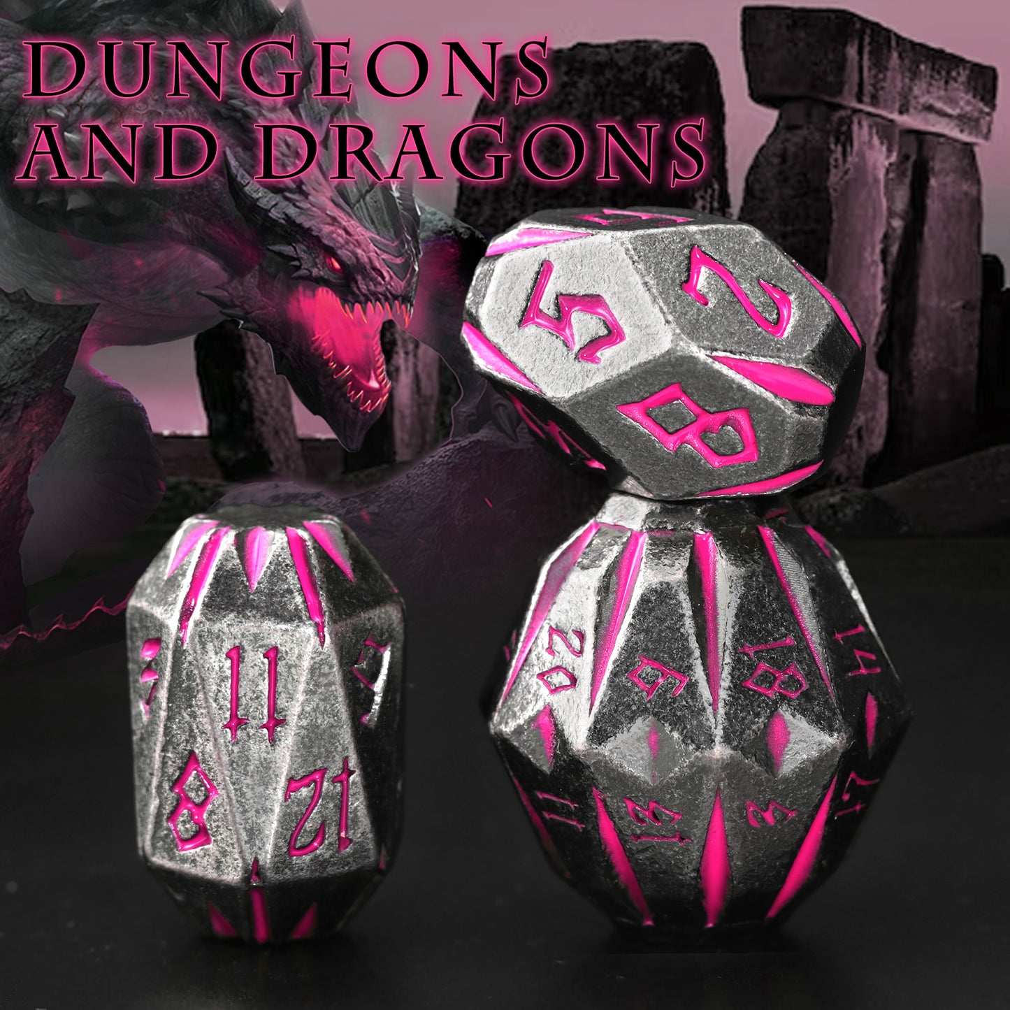 Metal Dice DND Polyhedral Dice Set Stonehenge Theme RPG Dice-Black Pink