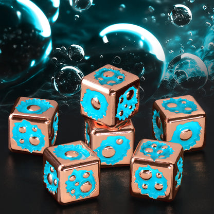 D6 Dice Set of Six Pcs 15mm, Cool Unique Metal 6 Sided Dice - D6 Rose Gold Blue