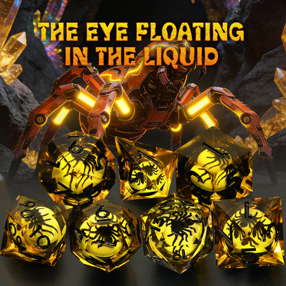 Spider Liquid Core DND Dice Set, 7PCS Sharp Edge Resin Dice -Yellow