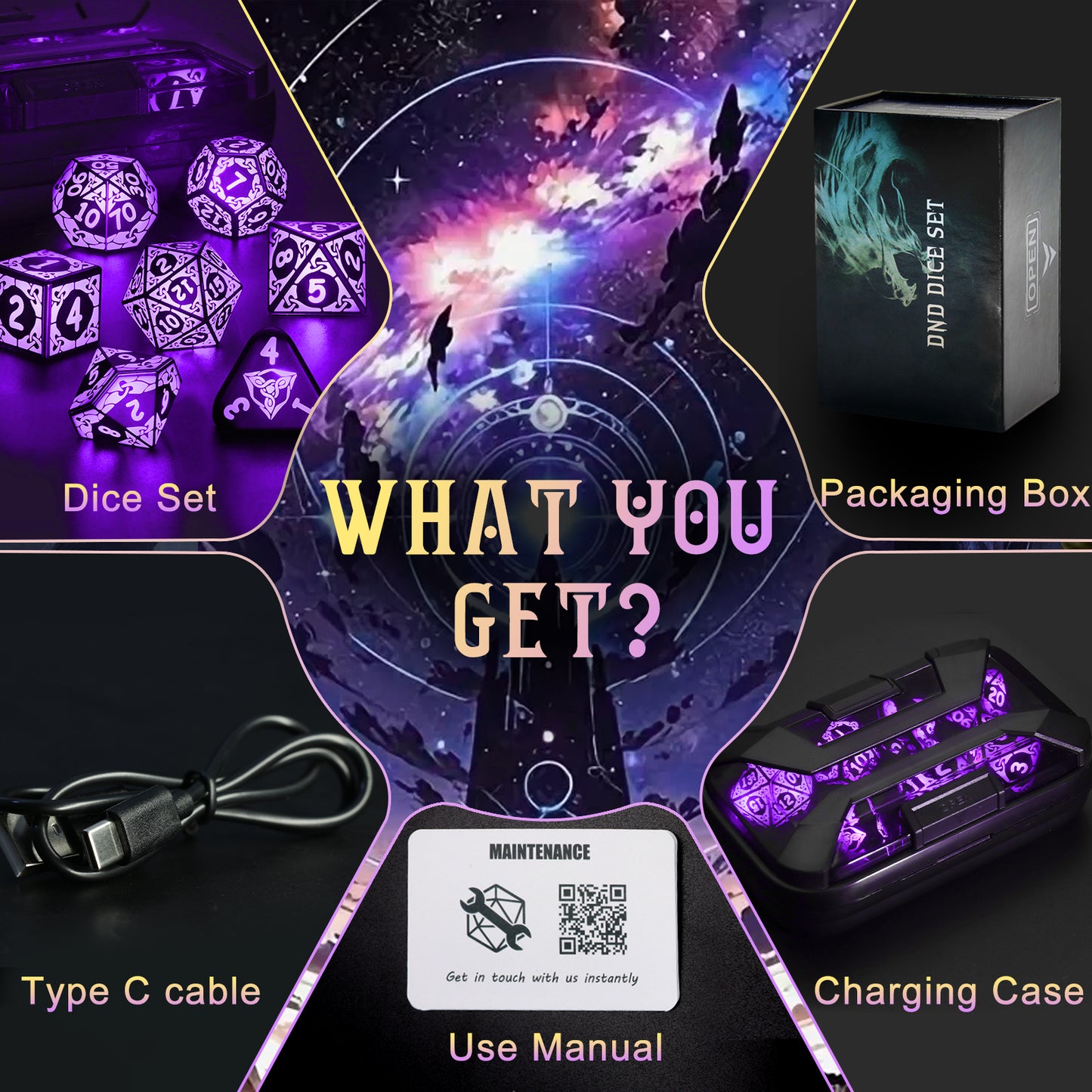 LED Dice Set DND, Cool Light up Dice Set Rechargeable-Purple-Shackles