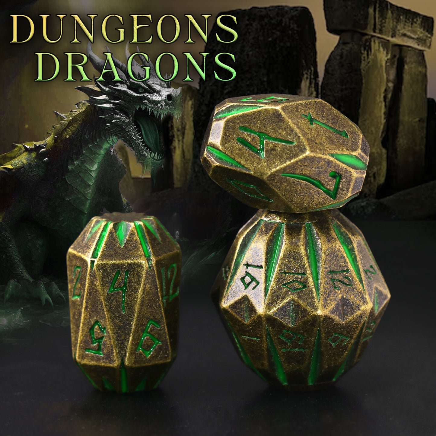 Metal Dice DND Polyhedral Dice Set Stonehenge Theme RPG Dice-Bronze Green