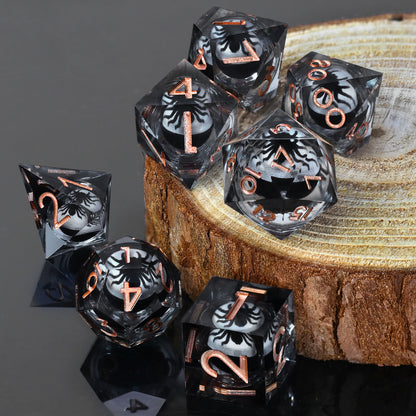 Spider Liquid Core DND Dice Set, 7PCS Sharp Edge Resin Dice -Copper