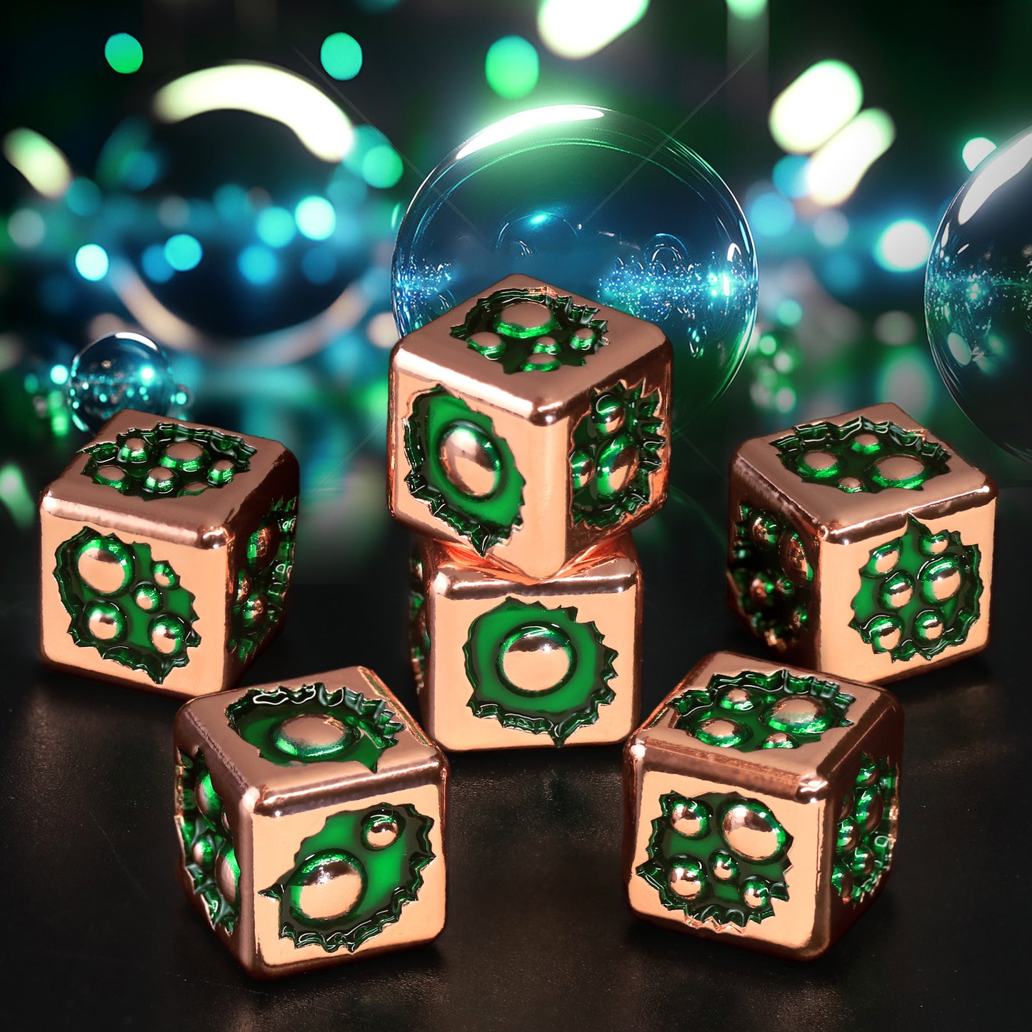 D6 Dice Set of Six Pcs 15mm, Cool Unique Metal 6 Sided Dice -D6 Rose Gold Green