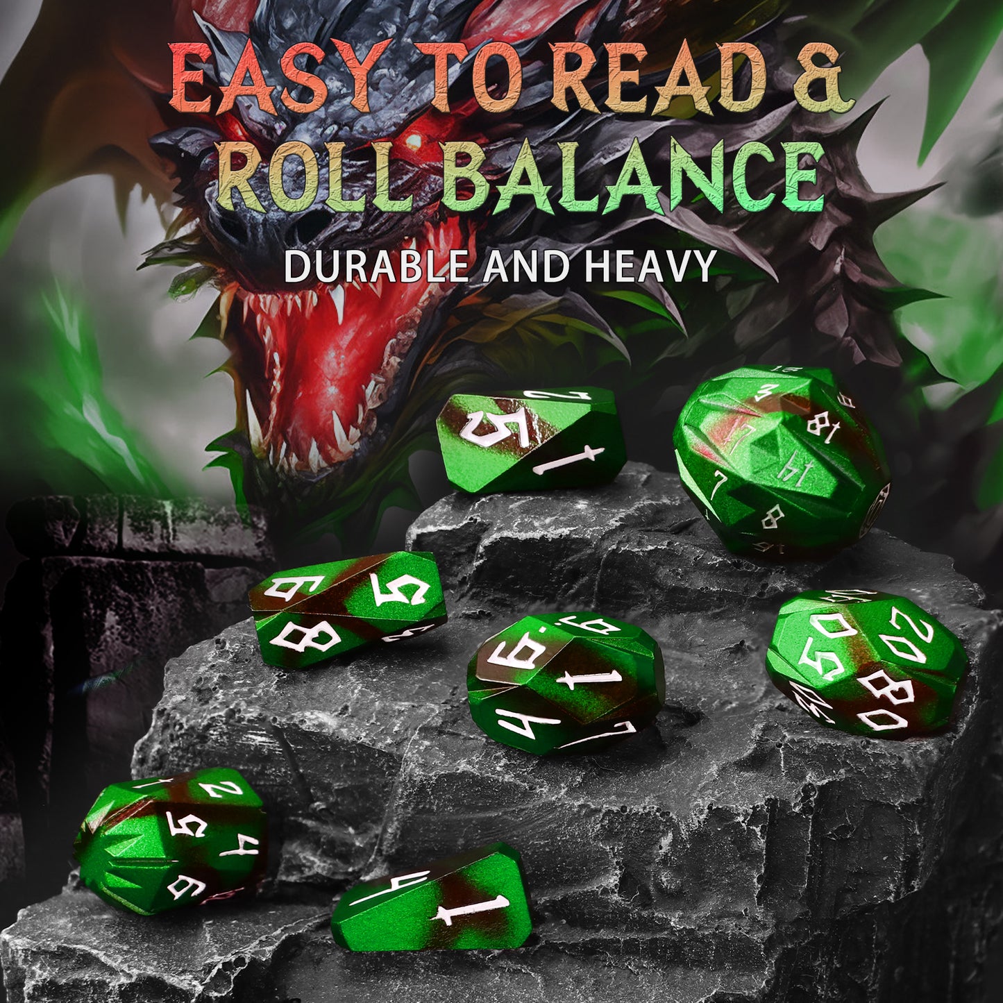 Metal Dice Set D and D with Cardboard Box Unique Cool RPG Polyhedral Dice - Black Green