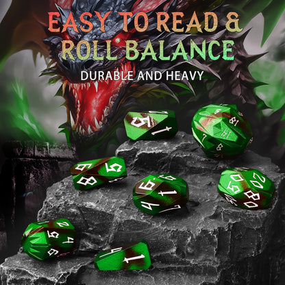 Metal Dice Set D and D with Cardboard Box Unique Cool RPG Polyhedral Dice - Black Green