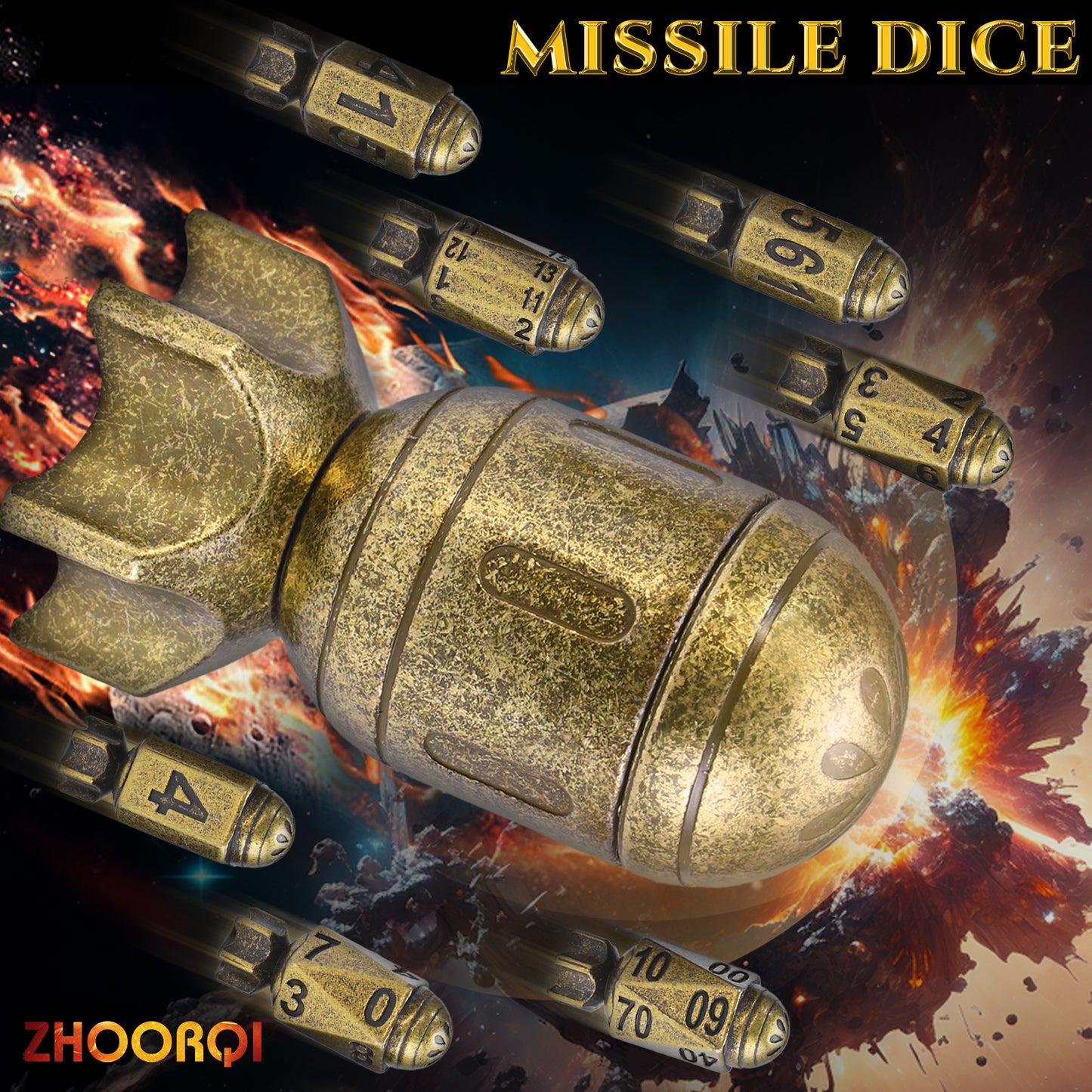 Missile Metal Dice Set D&D of 7 with Spinning Missile Shaped Container - Retro Bronze