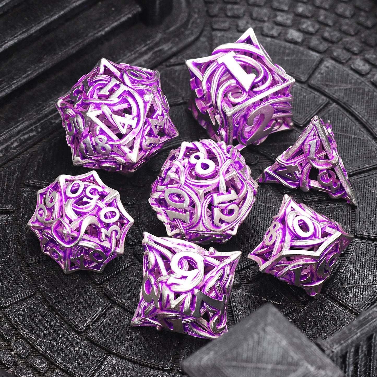 Metal DND Dice Set of 7 Hollow Polyhedral Metal Vine Dice Set - Purple