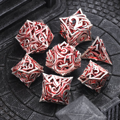 Metal DND Dice Set of 7 Hollow Polyhedral Metal Vine Dice Set - Red