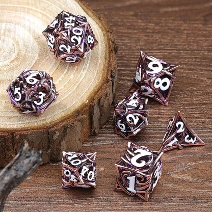 7PCS Metal DND Dice Set  Hollow Polyhedral Hollowl Vine Dice Set D&D Role Playing D and D RPG Dice ( Pink)