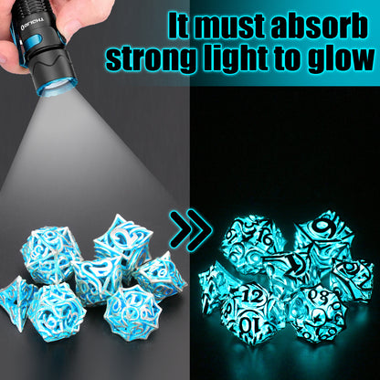 Glow in The Dark DND Dice  of 7 Polyhedral Dice Set Hollow Metal Vine D&D Dice D and D RPG Dice