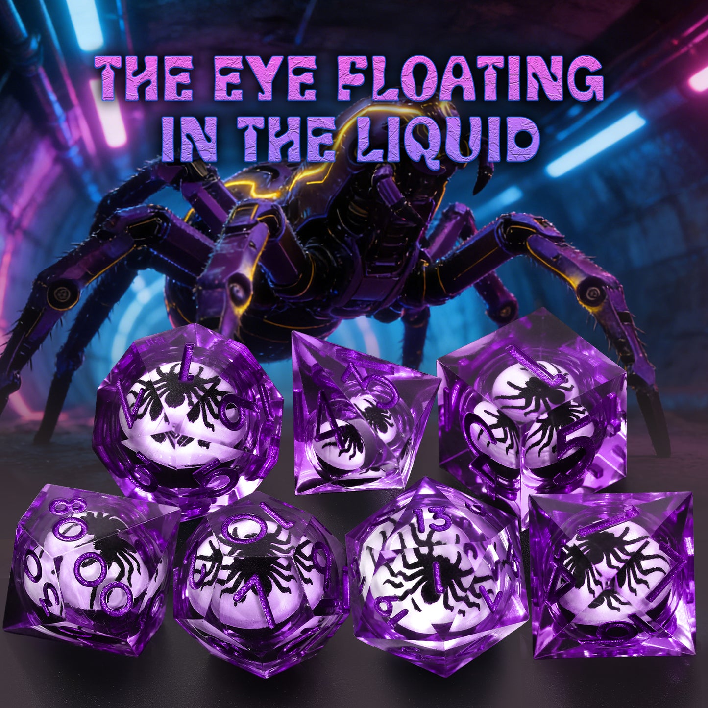 Spider Liquid Core DND Dice Set, 7PCS Sharp Edge Resin Dice - Purple