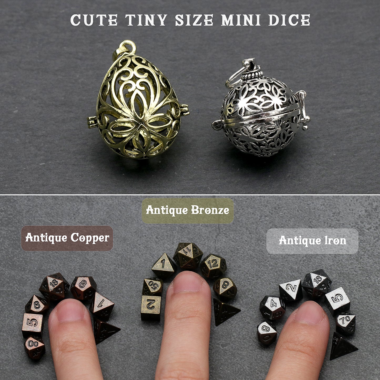 Mini Dice Set Tiny Small Metal DND Dice Keychain Necklace Portable Micro D&D Dice Set for Dungeons and Dragon Accessories Gifts (Glod Water Drop-Silver Dice)