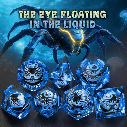 Spider Liquid Core DND Dice Set, 7PCS Sharp Edge Resin Dice - Blue