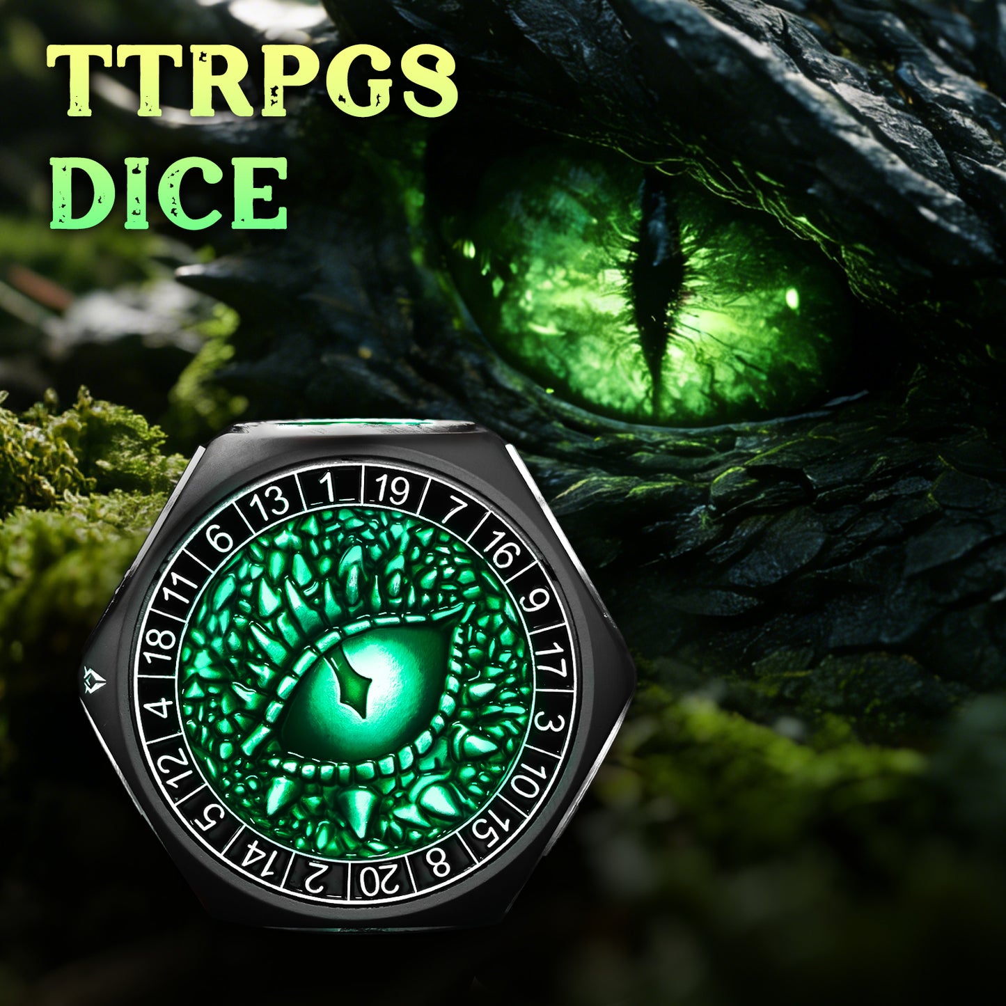 DND Metal Spinner Dice with 3D Monster Engravings & Smooth Spinning(Black Dice- Green)