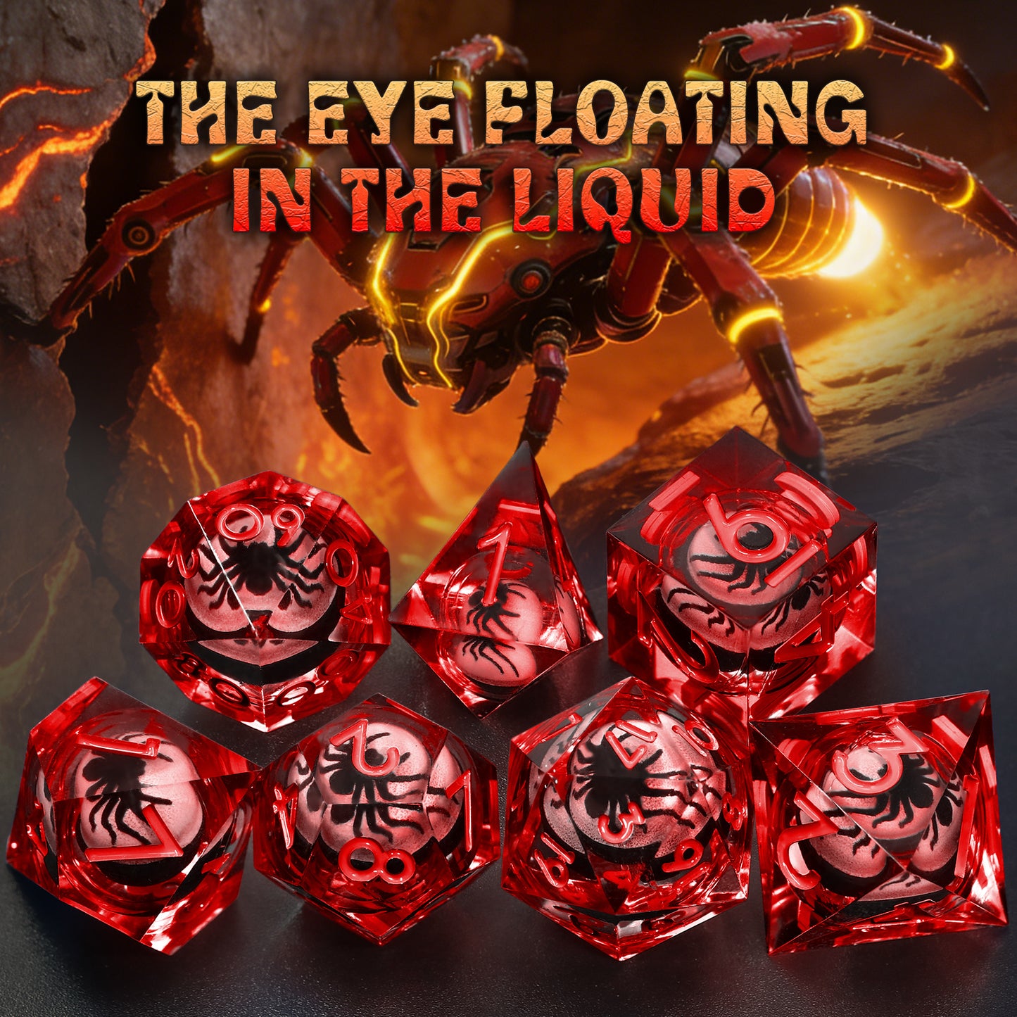Spider Liquid Core DND Dice Set, 7PCS Sharp Edge Resin Dice -Red