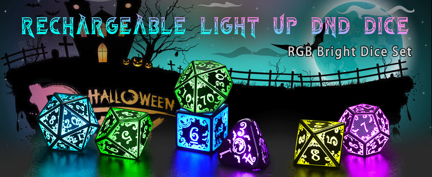 Light Up DND Dice Set Rechargeable with Charging Case for Dungeons and Dragons LED Dice Set D&D 7 Color Polyhedral Role Playing RPG Dice for Tabletop DND Gifts (Pumpkin RGB)