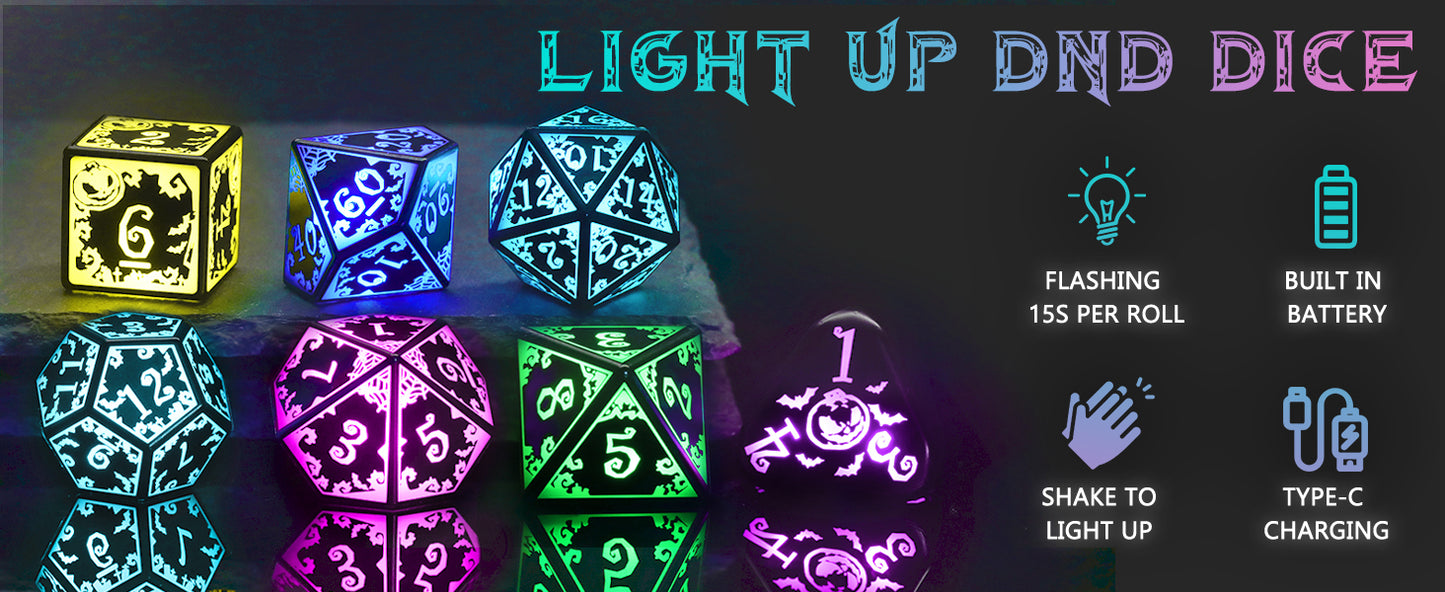 Light Up DND Dice Set Rechargeable with Charging Case for Dungeons and Dragons LED Dice Set D&D 7 Color Polyhedral Role Playing RPG Dice for Tabletop DND Gifts (Pumpkin RGB)