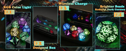 LED DND Dice Set Rechargeable, Cool Light up Dice Wireless Charging for Dungeons and Dragons, Polyhedral Role Playing Dice D&D Gifts(RGB-Dragon Scale)